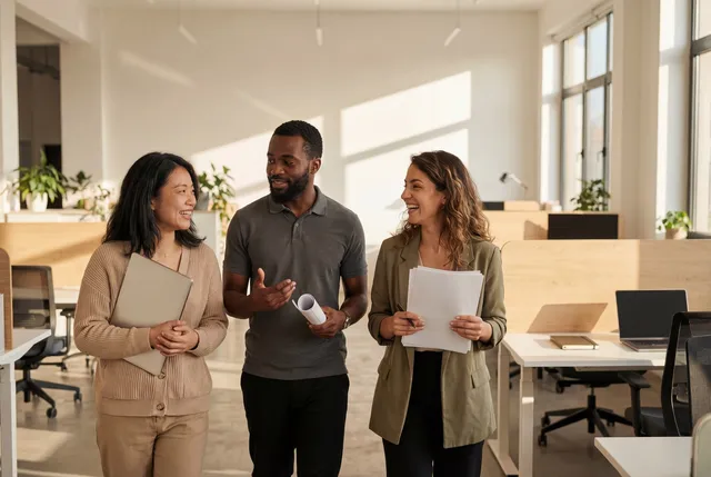 Three colleagues talking as they walk through a bright open-plan office